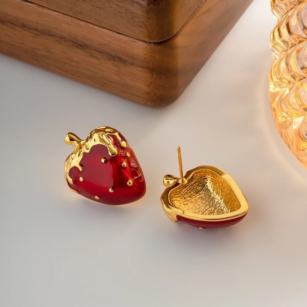 18K Gold Plated Romantic Strawberry Stud Earrings - Picture 4 of 8